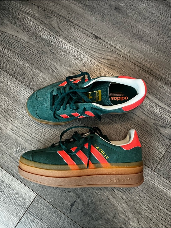 adidas Shoes - adidas Gazelle Platform Sneakers in Dark Green with Coral Highlights